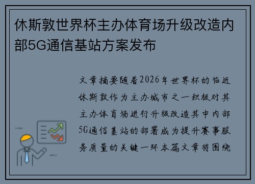 休斯敦世界杯主办体育场升级改造内部5G通信基站方案发布
