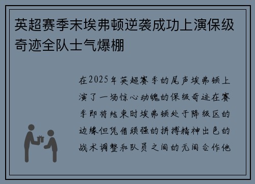 英超赛季末埃弗顿逆袭成功上演保级奇迹全队士气爆棚 英超赛季末埃弗顿逆袭成功上演保级奇迹全队士气爆棚